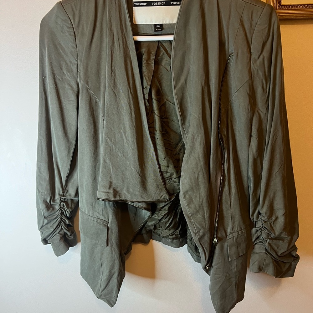 Topshop Olive Utility Draped Jacket with Ruched Sleeves